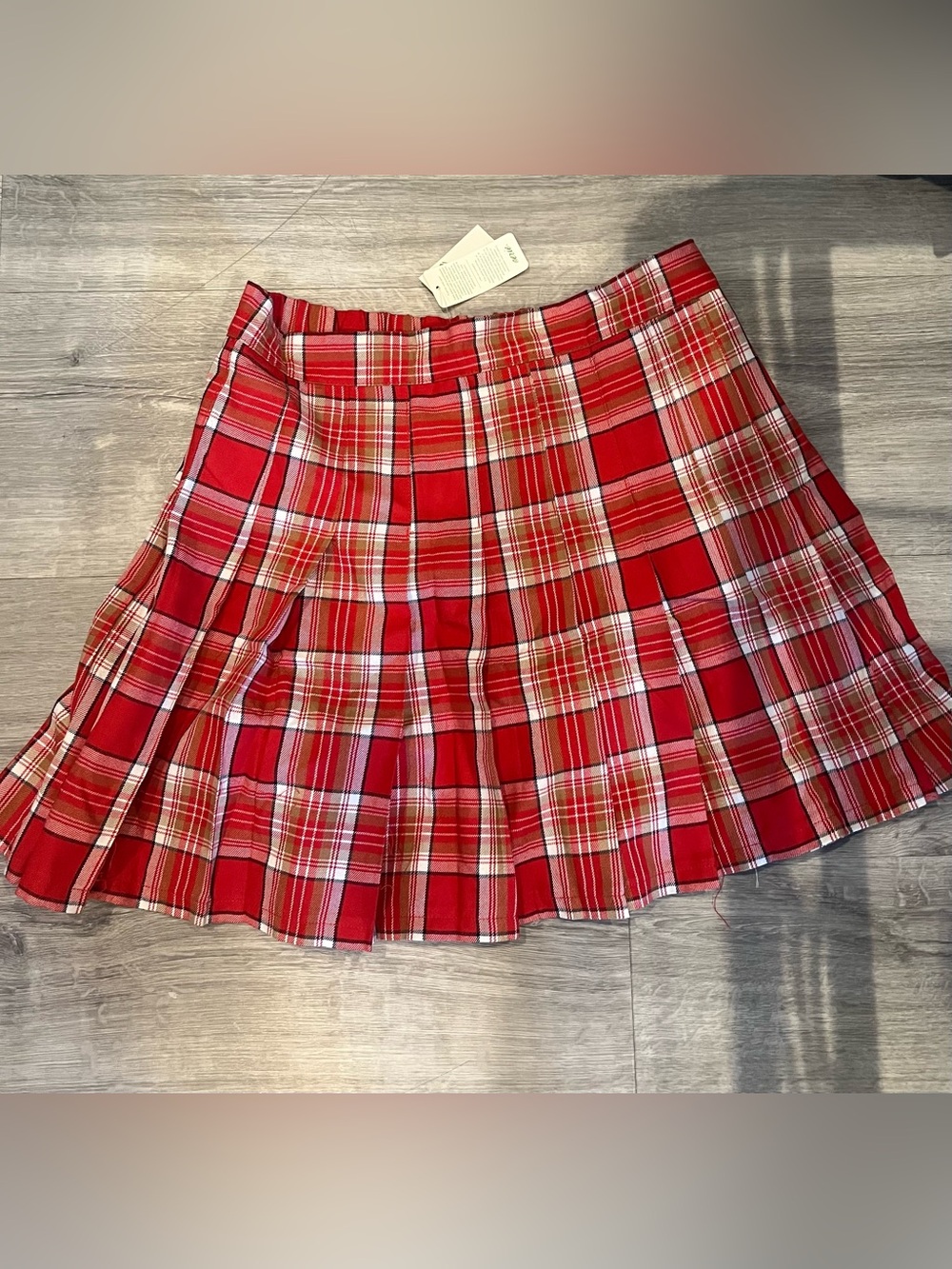 aerie red and white Plaid Pleated Mini Skirt